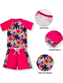 Sloosh Girl's UPF50+Two Piece Rash Guard Swimsuit, UV Sun Protection Sunsuit, Quick Dry Short Sleeve Rashguard Set for Kid - Hot Pink - View 2