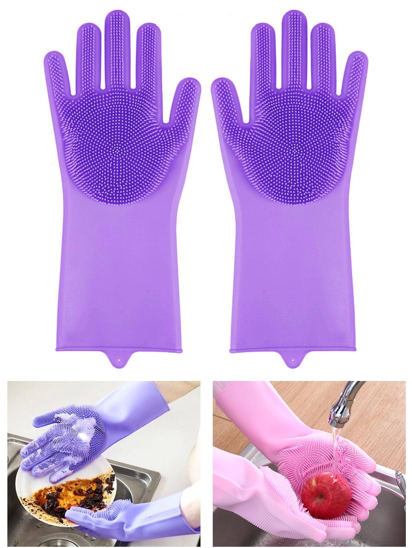 1pair Solid Color Household Glove, Modern Silicone Waterproof Dishwashing Glove For Home - Purple - View 1