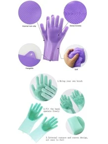 1pair Solid Color Household Glove, Modern Silicone Waterproof Dishwashing Glove For Home - Purple - View 3