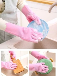 1pair Solid Color Household Glove, Modern Silicone Waterproof Dishwashing Glove For Home - Purple - View 10