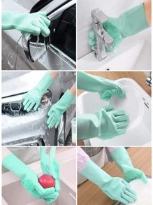 1pair Solid Color Household Glove, Modern Silicone Waterproof Dishwashing Glove For Home - Purple - View 9