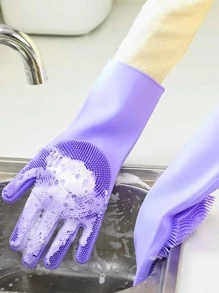 1pair Solid Color Household Glove, Modern Silicone Waterproof Dishwashing Glove For Home - Purple - View 2