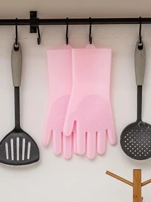 1pair Solid Color Household Glove, Modern Silicone Waterproof Dishwashing Glove For Home - Purple - View 6