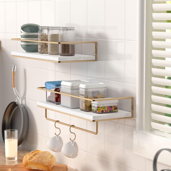 ZGO Floating Shelves for Wall Set of 2, Wall Mounted Storage Shelves with Metal Frame and Towel