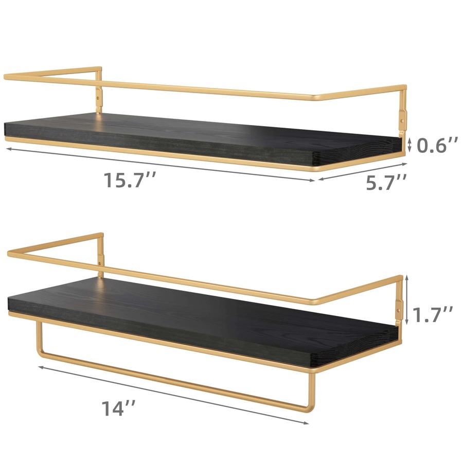 ZGO Floating Shelves for Wall Set of 2, Wall Mounted Storage Shelves with Metal Frame and Towel