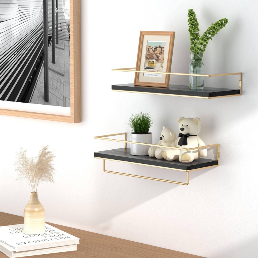 ZGO Floating Shelves for Wall Set of 2, Wall Mounted Storage Shelves with Metal Frame and Towel
