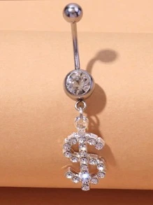 Rhinestone Dollar Sign Charm Belly Ring - Bạc - Xem 3