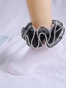1pair Girls' Black Lace Pearl Breathable Princess Dance Short Socks With Floral Edge Decoration, All Seasons - Black and White - View 2