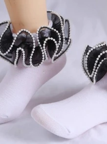 1pair Girls' Black Lace Pearl Breathable Princess Dance Short Socks With Floral Edge Decoration, All Seasons - Black and White - View 3