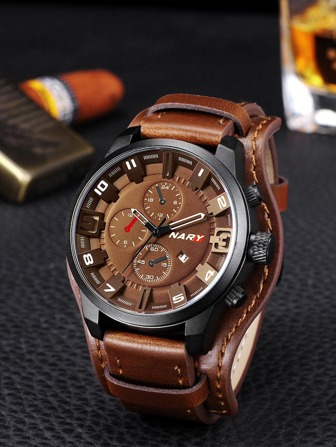 NARY 1pc Men Casual Sports Quartz Watch Brown Round Dial PU Leather Watchband Waterproof Calendar Pointer Watch, For Daily Decoration
