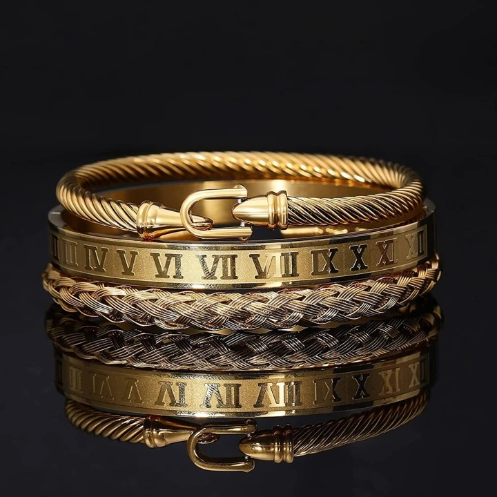 3Pcs Set Fashion Braided Roman Numeral Detail Bangle For Couple