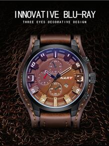NARY 1pc Men Casual Sports Quartz Watch Brown Round Dial PU Leather Watchband Waterproof Calendar Pointer Watch, For Daily Decoration