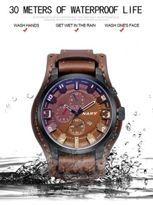 NARY 1pc Men Casual Sports Quartz Watch Brown Round Dial PU Leather Watchband Waterproof Calendar Pointer Watch, For Daily Decoration