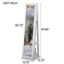 Jewelry Armoire,360° Rotating Storage Cabinet,Full Length Mirror Swivel Jewelry Cabinet,Standing Floor Mirror, Large Storage Capacity, Inside Makeup Mirror, Rear Storage Shelves - White - View 2
