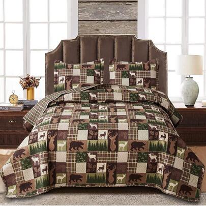 Lodge Quilt Set Plaid Bedding Moose Bear Quilt Rustic Bedspread Cabin Coverlet Reversible Quilts Wildlife Forest Daybed Cover Summer Lightweight Bed Cover Pillow Shmas