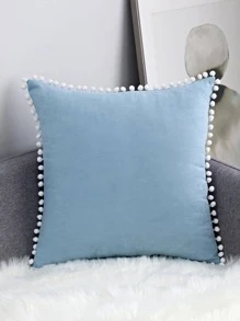 1 件仿麂皮毛球装饰抱枕/腰垫套，适用于客厅沙发卧室装饰 - 藍色 - 查看 2