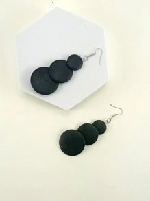 Wooden Round Drop Earrings - Black - View 3