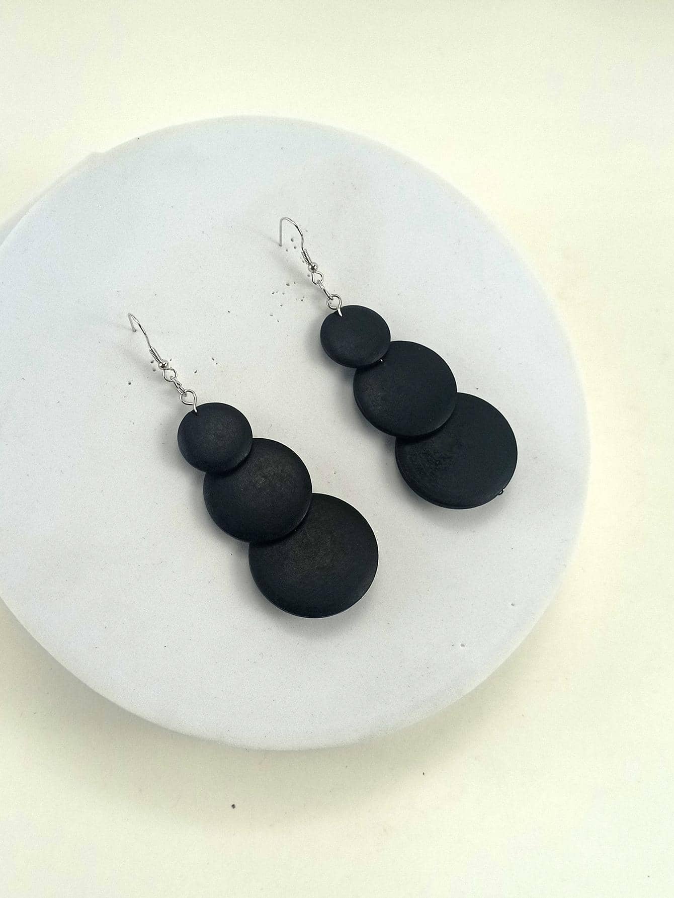 Wooden Round Drop Earrings - Black - View 1