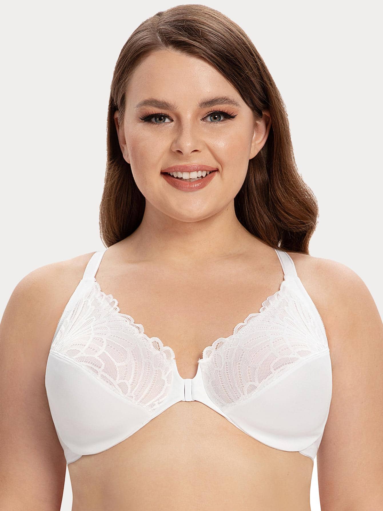 大尺碼車背式蕾絲十字前扣包層有臂底托帶文胸 - 白色 - 查看 1