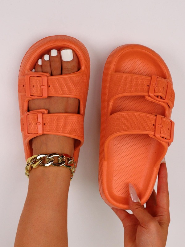Kvinnor Spänne Decor Dubbla Strap Slides, Funky Orange EVA Slides