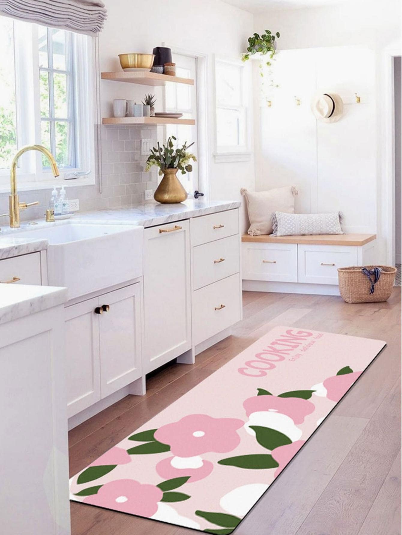 1入組花卉和字母圖案廚房粉色的矽藻土地墊適用於家庭 - 粉色 - 查看 1