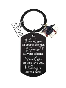 Slogan Graphic Rectangle & Graduation Hat Charm Keychain - Silver - View 1
