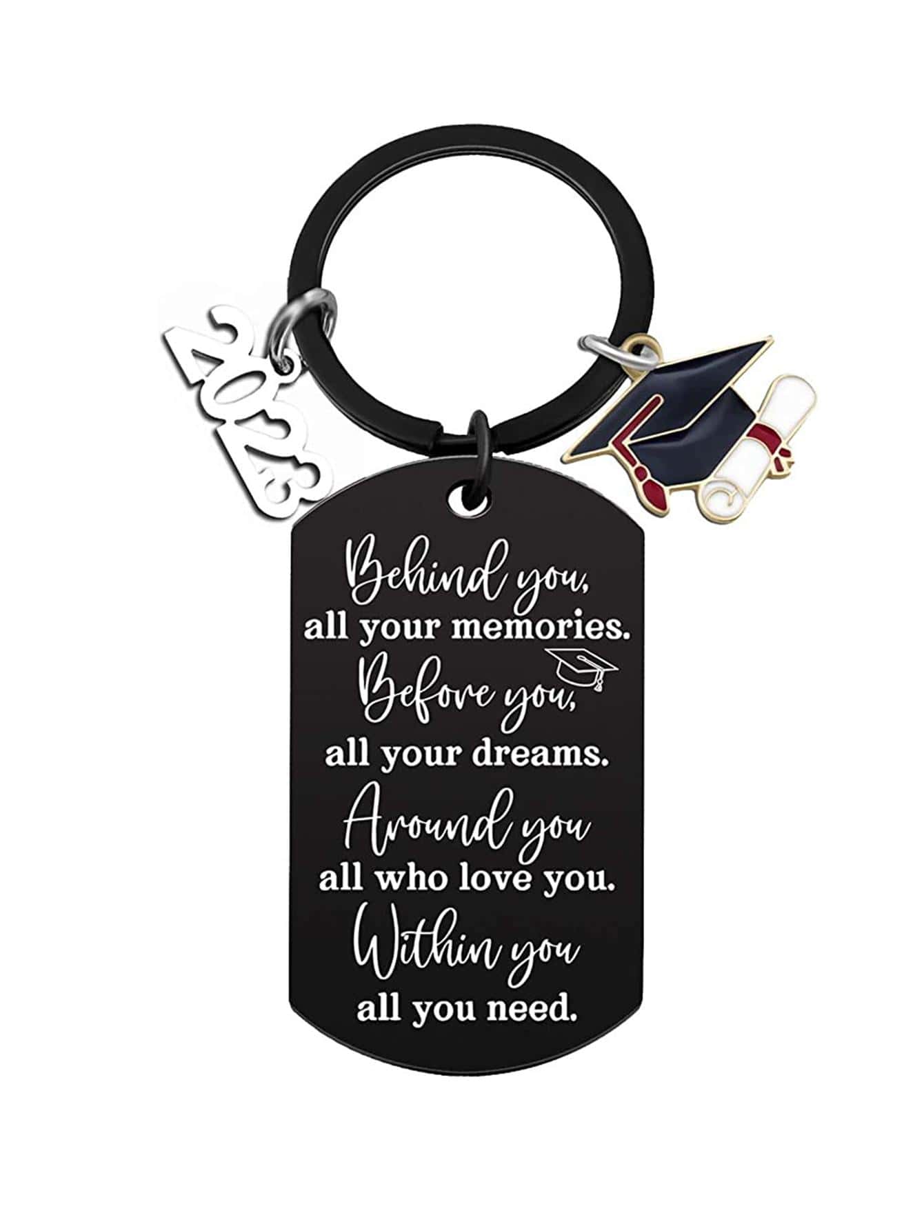 Slogan Graphic Rectangle & Graduation Hat Charm Keychain - Silver - View 1
