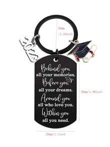Slogan Graphic Rectangle & Graduation Hat Charm Keychain - Silver - View 2