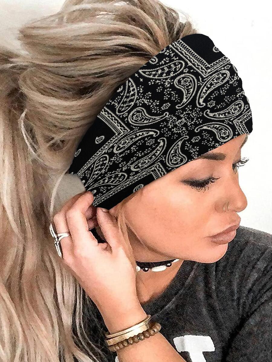 1 Băng đô cài tóc in họa tiết Paisley phong cách Bohemian dành cho cả nam và nữ dùng hàng ngày, phong cách Boho, phòng tập thể dục, phụ kiện tóc, băng đô cài tóc mùa thu đông cho trang phục đi nghỉ dành cho nữ - màu đen - Xem 1