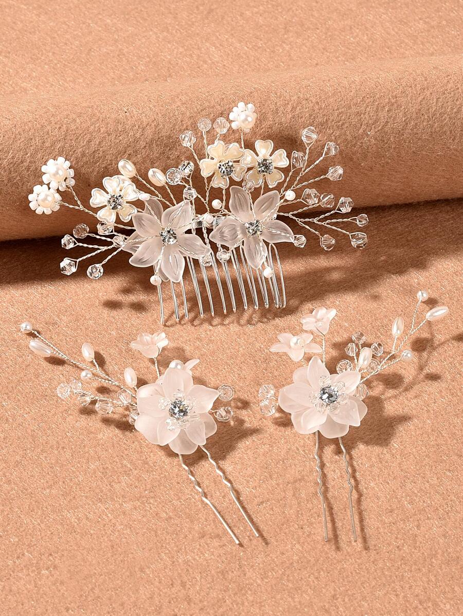 3pcs/Set Handmade Women Pink Flower Faux Pearl Hair Combs Hairpins Headpiece Combs For Hair Side Comb, School Stuff, Faux Pearl Hair Accessories, Wedding, Bridesmaids Gifts, Valentines Accessories, Bridal Hair Accessory, Spring - Silver - View 1