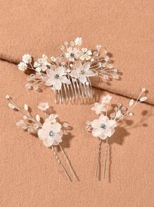 3pcs/Set Handmade Women Pink Flower Faux Pearl Hair Combs Hairpins Headpiece Combs For Hair Side Comb, School Stuff, Faux Pearl Hair Accessories, Wedding, Bridesmaids Gifts, Valentines Accessories, Bridal Hair Accessory, Spring - Silver - View 2