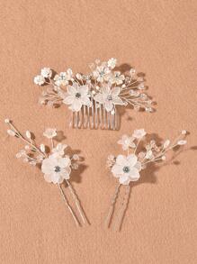 3pcs/Set Handmade Women Pink Flower Faux Pearl Hair Combs Hairpins Headpiece Combs For Hair Side Comb, School Stuff, Faux Pearl Hair Accessories, Wedding, Bridesmaids Gifts, Valentines Accessories, Bridal Hair Accessory, Spring - Silver - View 4