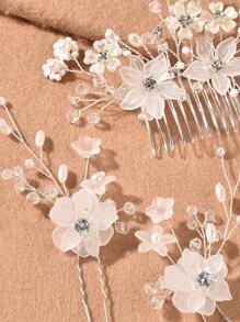 3pcs/Set Handmade Women Pink Flower Faux Pearl Hair Combs Hairpins Headpiece Combs For Hair Side Comb, School Stuff, Faux Pearl Hair Accessories, Wedding, Bridesmaids Gifts, Valentines Accessories, Bridal Hair Accessory, Spring - Silver - View 3