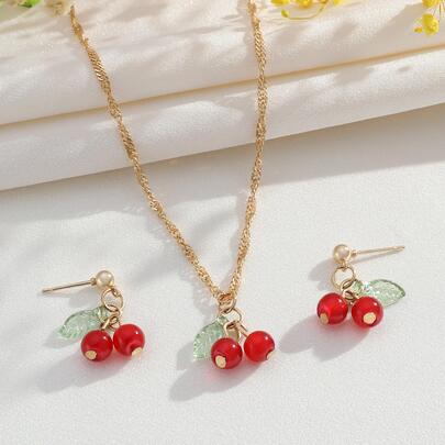 3 件套精致百搭樱桃项链和耳环套装，时尚清新简约水果首饰套装，适合女士，适合派对和日常佩戴