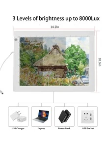 B4 Light Pad for Diamond Painting, Fixed Charging Cord, 10-ft Cable, 3 Levels of Brightness Up to 8000Lux, Uniformly Illuminated Tracing Light Box- White - 白色 - 查看 2