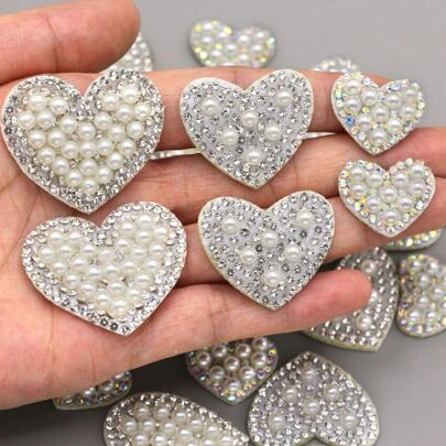 2 piezas Parches con forma de corazón con perlas y aplicaciones de cristal de Rhinestone AB para decorar ropa, pasadores de cabello y accesorios de costura