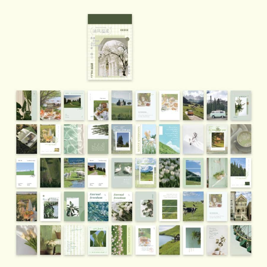 50pcs/set Mixed Pattern Sticker, Modern Landscape Print Decorative Decal For Student For Card Making - Green - View 1