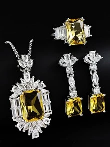 4pcs/set Cubic Zirconia Decor Jewelry Set - Yellow - View 1