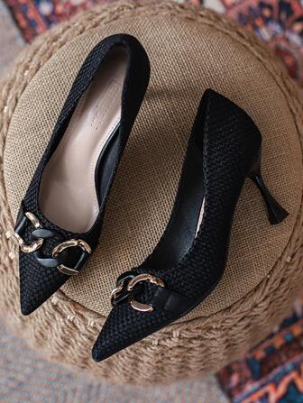 女士尖头高跟鞋，细跟，踝带，适合派对、户外、工作场合，带扣装饰，透气，杏色