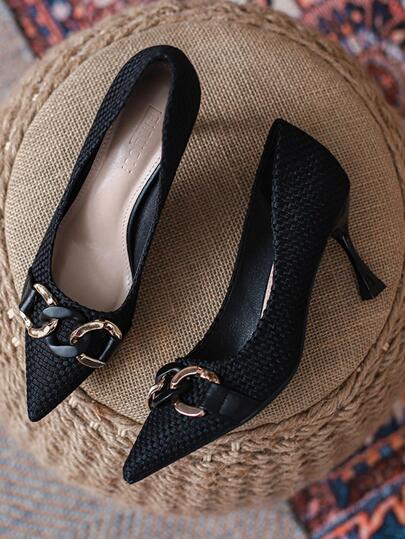 女士尖头高跟鞋，细跟，踝带，适合派对、户外、工作场合，带扣装饰，透气，杏色