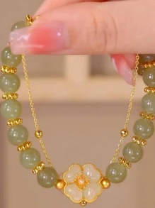 花朵裝飾串珠手鏈 - 綠色 - 查看 2