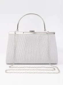 Fashionable Women's Evening Bag With Glittering Surface, Suitable For Parties, Banquet, Weddings, Dinners. Available In Silver, Black, & Gold With Handle And Chain Strap. - Silver - View 3