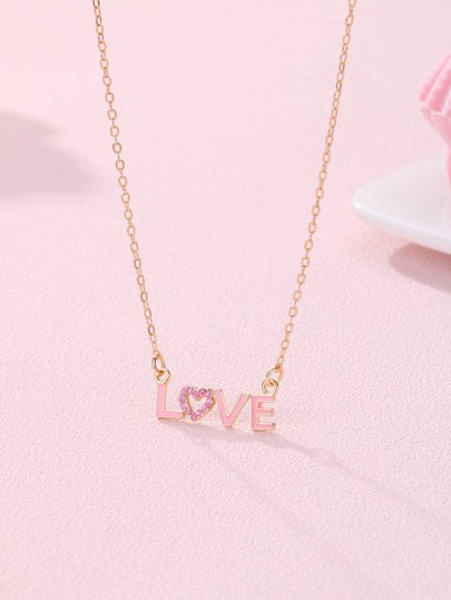 1pc Girls Rhinestone Heart & Letter Pendant Necklace For Daily Decoration