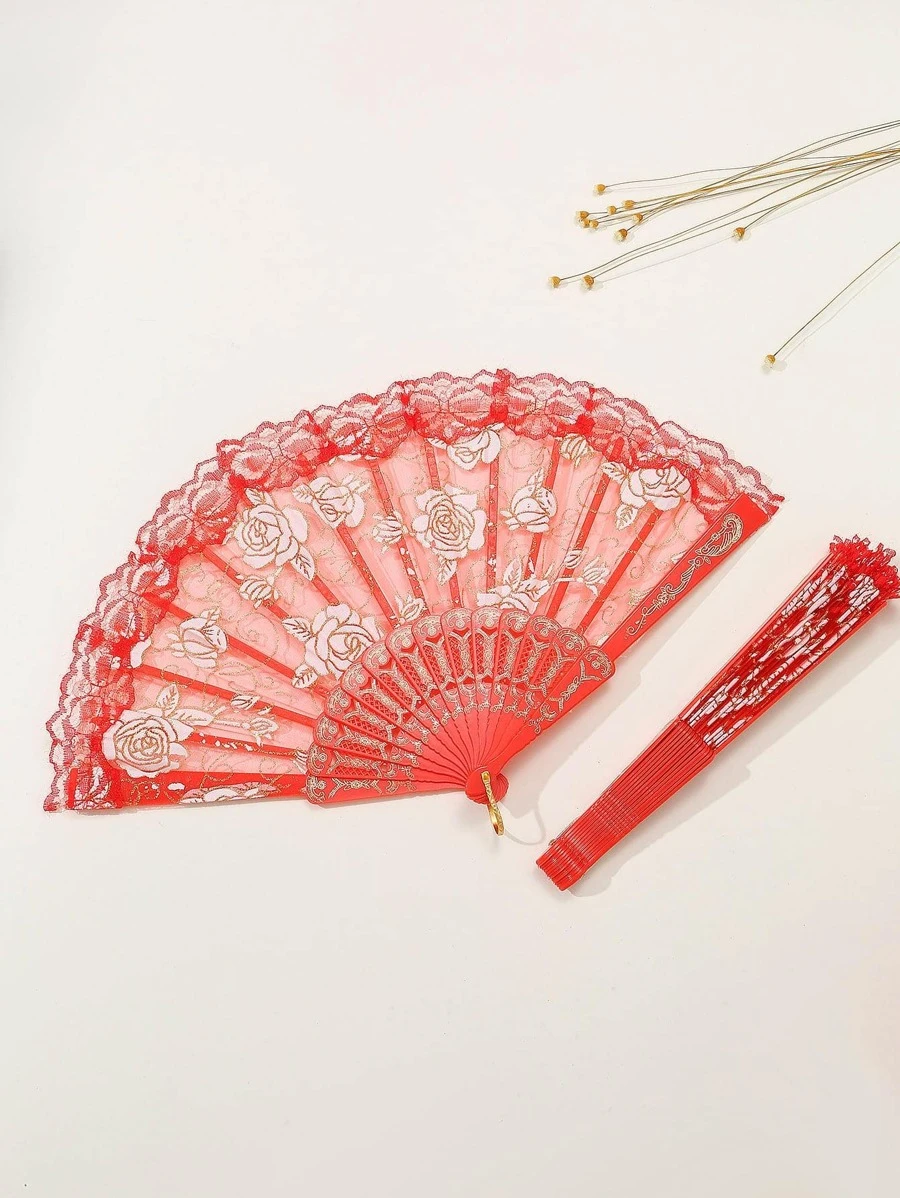 1入組花朵圖案手動復古蕾絲設計便攜折疊扇適用於跳舞 - 紅色 - 查看 1