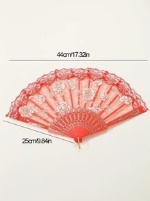 1入組花朵圖案手動復古蕾絲設計便攜折疊扇適用於跳舞 - 紅色 - 查看 5