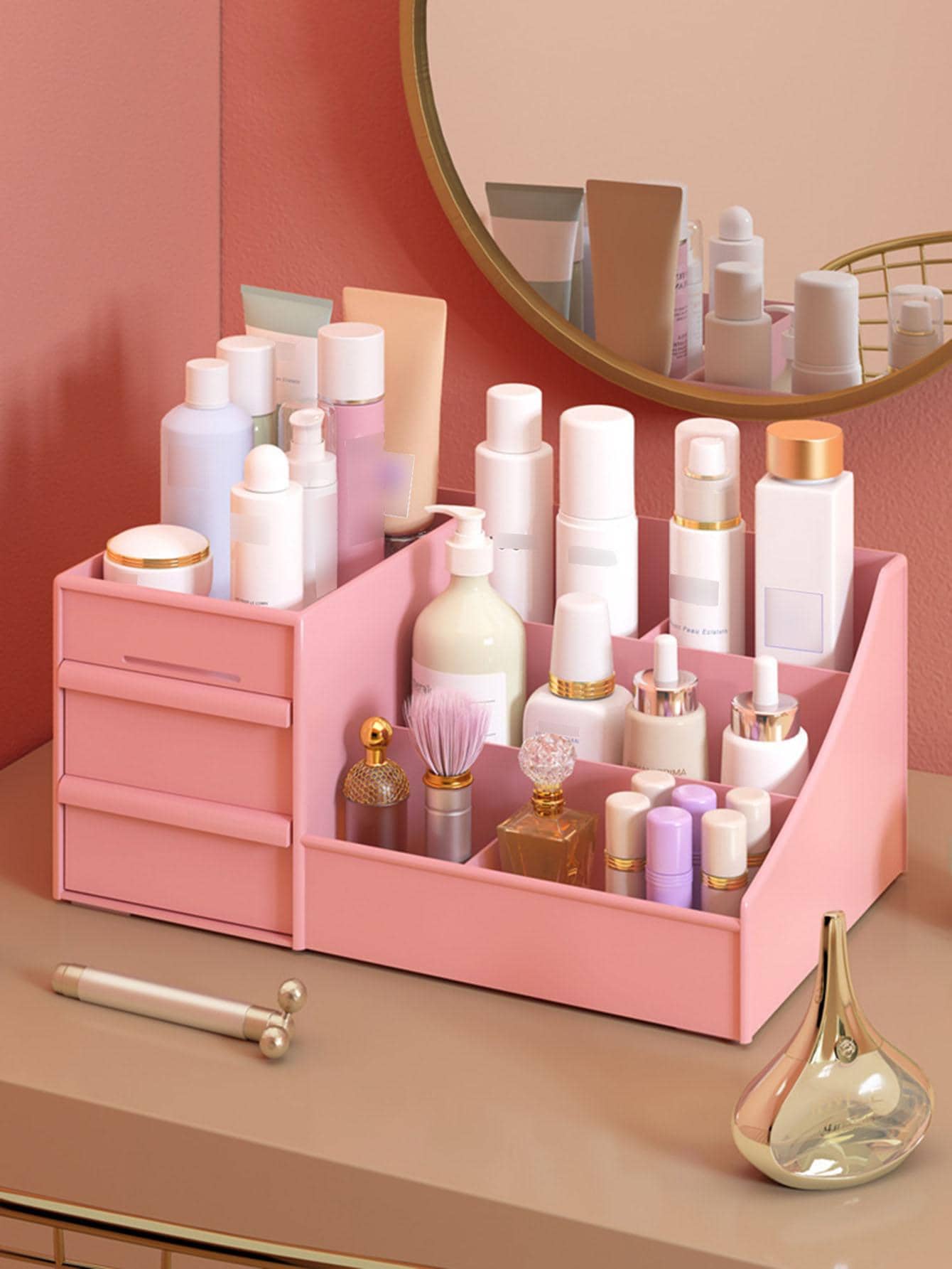 1pc Plastic Makeup Storage Box, Modern Pink Makeup Box For Storage - Pink - View 1
