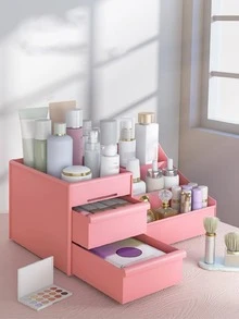 1pc Plastic Makeup Storage Box, Modern Pink Makeup Box For Storage - Pink - View 2
