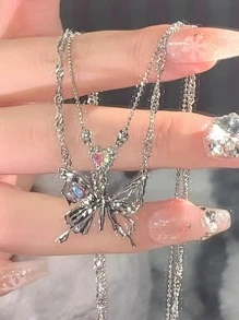 Vòng cổ chuỗi nhiều lớp quyến rũ bướm - Bạc - Xem 2