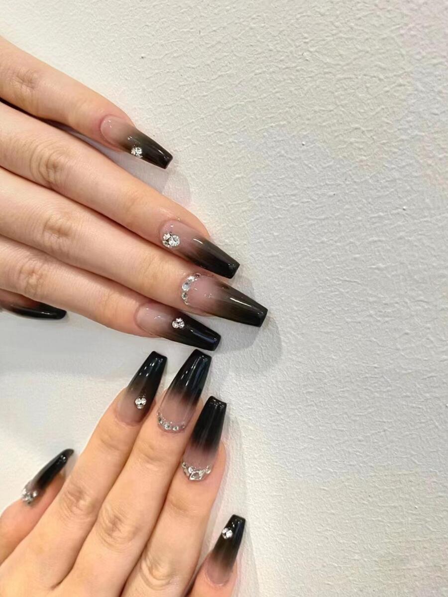 24 miếng đá giả hình quan tài dài đính đá Ombre, 1 miếng gel thạch, 1 miếng dũa móng, dụng cụ làm móng