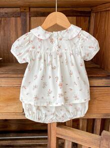 Summer Baby Girl Clothing Cute Peter Pan Collar 2pcs Flower Print Fashion Outfit For Infants, Top With Pants - Beige - View 2